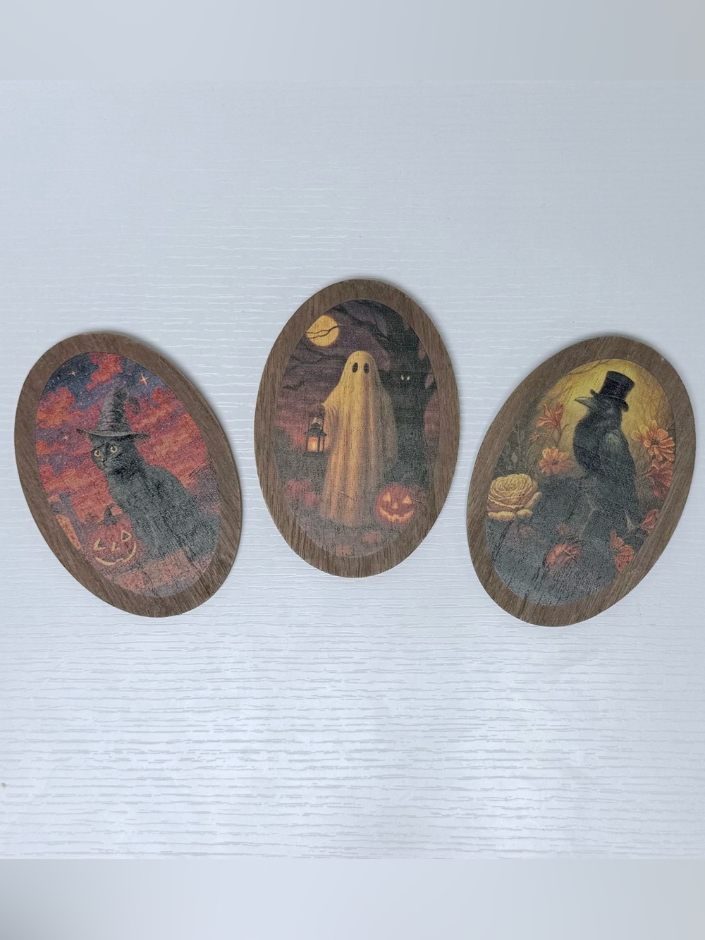 Set of 3 Wood Icon Signs Standing Ghost, Raven, & Black Cat Bullseye Playground